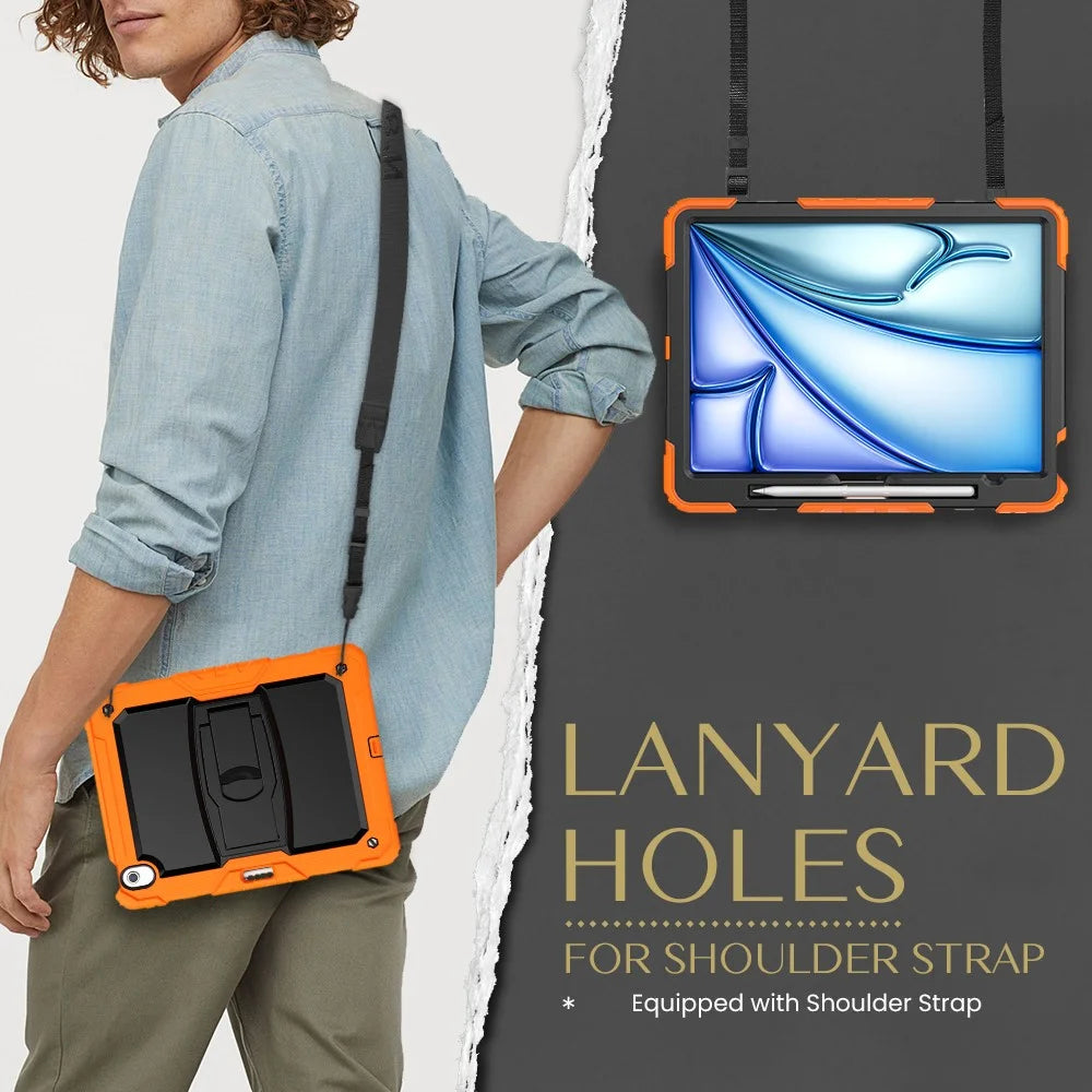 For iPad Air 13 (2026) / (2025) / (2024) Case PC+Silicone Kickstand Pen Slot Tablet Cover with Shoulder Strap - Orange - 4