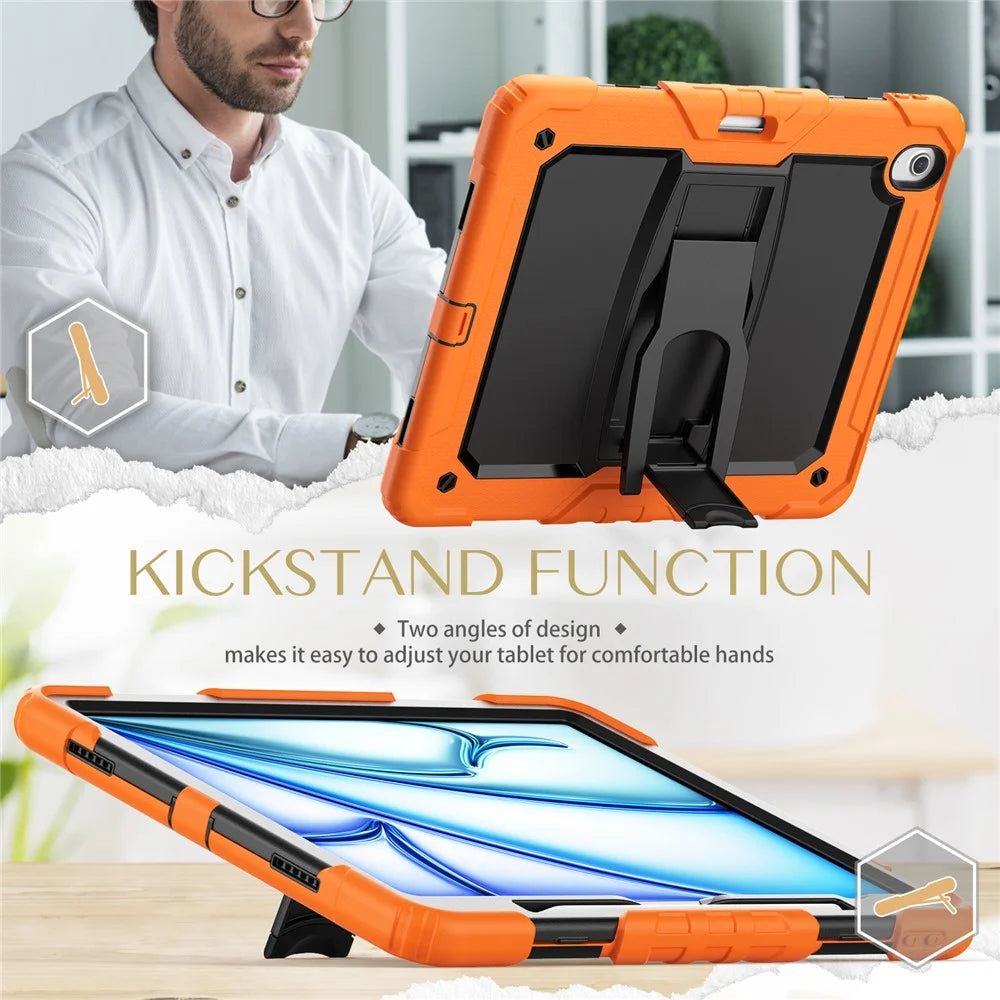 For iPad Air 13 (2026) / (2025) / (2024) Case PC+Silicone Kickstand Pen Slot Tablet Cover with Shoulder Strap - Orange - 5