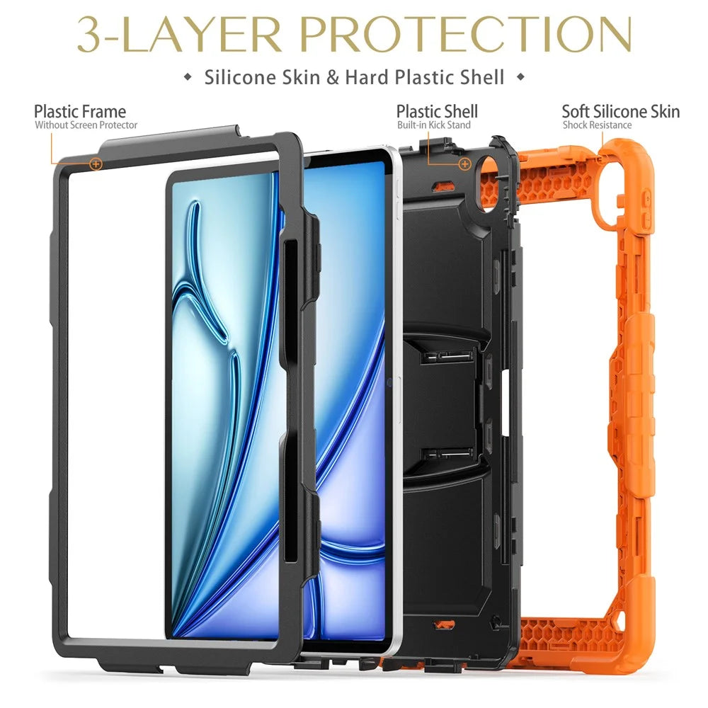 For iPad Air 13 (2026) / (2025) / (2024) Case PC+Silicone Kickstand Pen Slot Tablet Cover with Shoulder Strap - Orange - 6