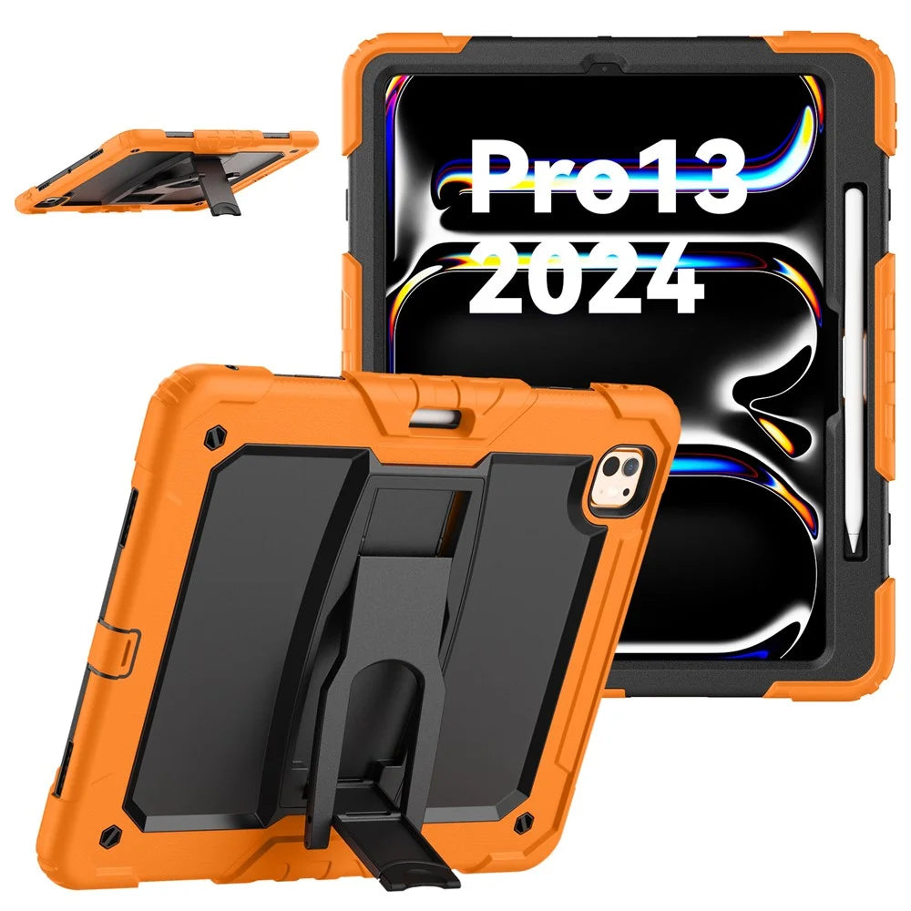 For iPad Pro 13 (2025) / 13 (2024) Kickstand Case PC+Silicone Tablet Cover with Pen Slot / Shoulder Strap - Orange - 1
