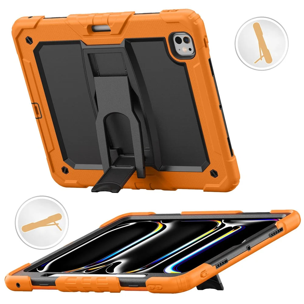 For iPad Pro 13 (2025) / 13 (2024) Kickstand Case PC+Silicone Tablet Cover with Pen Slot / Shoulder Strap - Orange - 2