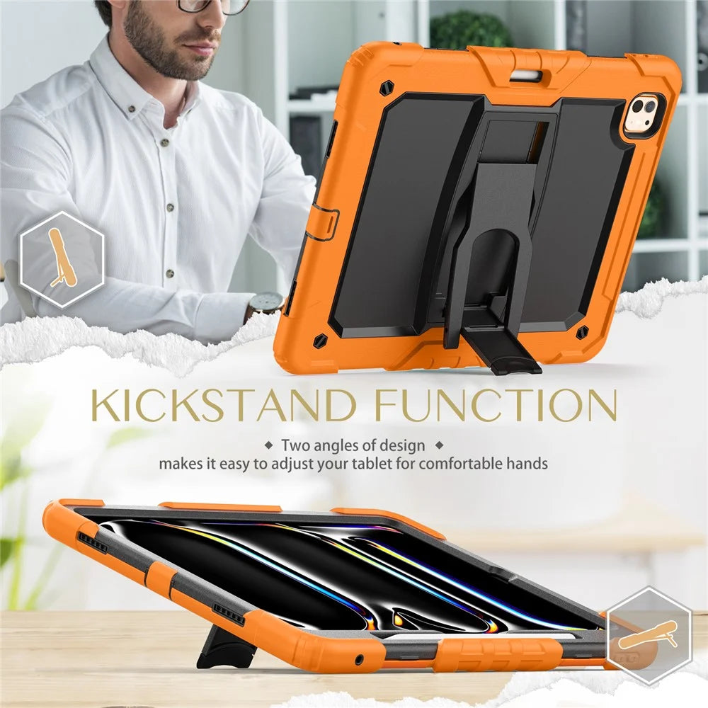 For iPad Pro 13 (2025) / 13 (2024) Kickstand Case PC+Silicone Tablet Cover with Pen Slot / Shoulder Strap - Orange - 5