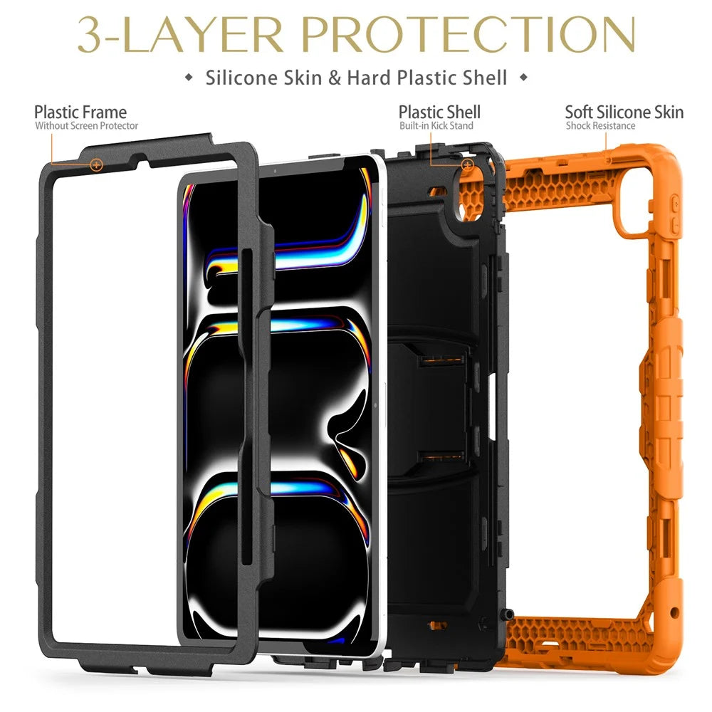 For iPad Pro 13 (2025) / 13 (2024) Kickstand Case PC+Silicone Tablet Cover with Pen Slot / Shoulder Strap - Orange - 6