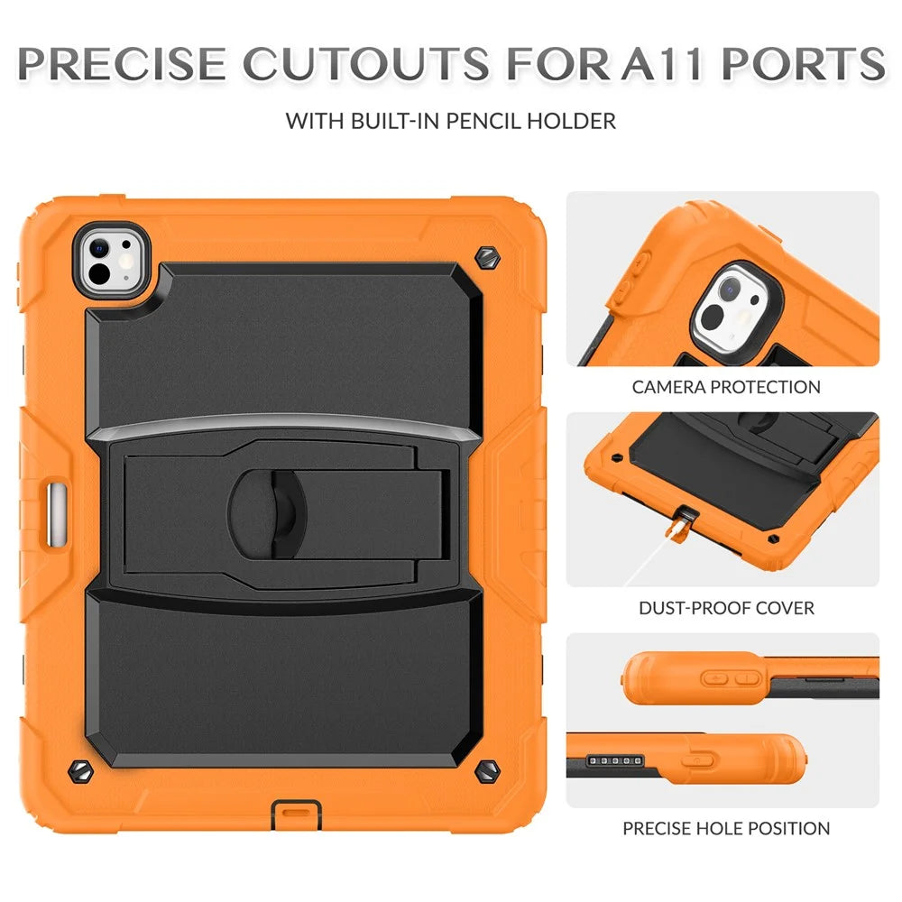 For iPad Pro 13 (2025) / 13 (2024) Kickstand Case PC+Silicone Tablet Cover with Pen Slot / Shoulder Strap - Orange - 7