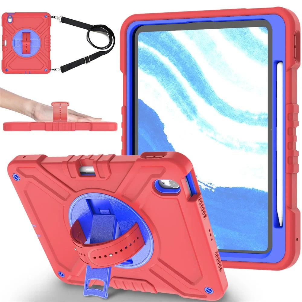 X-Shaped Series for iPad Air 11 (2026) / (2025) / (2024) Case Kickstand PC+Silicone Tablet Cover with Shoulder Strap - Red+Blue - 1
