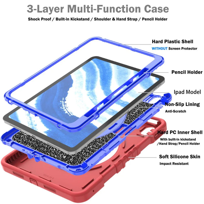 X-Shaped Series for iPad Air 11 (2026) / (2025) / (2024) Case Kickstand PC+Silicone Tablet Cover with Shoulder Strap - Red+Blue - 5