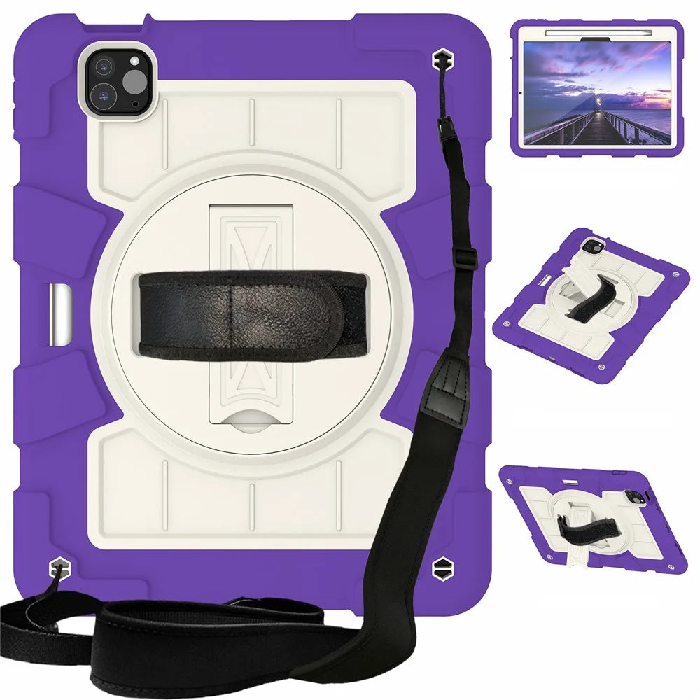 For iPad Pro 11 (2025) / 11 (2024) Kickstand Case with Shoulder Strap Rotating Hand Strap PC+TPU Tablet Cover - Purple - 1