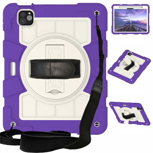For iPad Pro 11 (2025) / 11 (2024) Kickstand Case with Shoulder Strap Rotating Hand Strap PC+TPU Tablet Cover - Purple - 1
