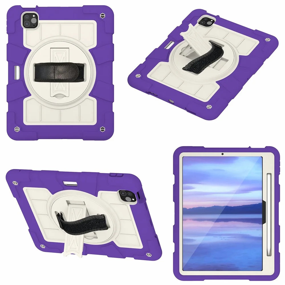 For iPad Pro 11 (2025) / 11 (2024) Kickstand Case with Shoulder Strap Rotating Hand Strap PC+TPU Tablet Cover - Purple - 2