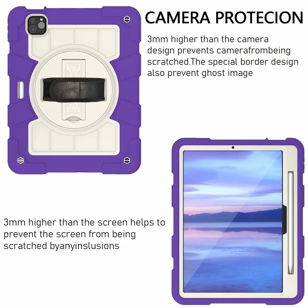 For iPad Pro 11 (2025) / 11 (2024) Kickstand Case with Shoulder Strap Rotating Hand Strap PC+TPU Tablet Cover - Purple - 3
