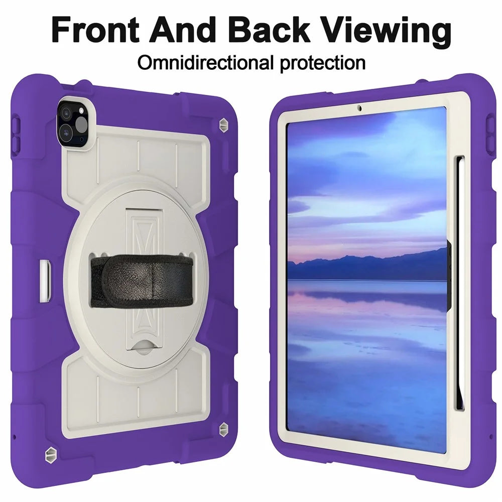 For iPad Pro 11 (2025) / 11 (2024) Kickstand Case with Shoulder Strap Rotating Hand Strap PC+TPU Tablet Cover - Purple - 4
