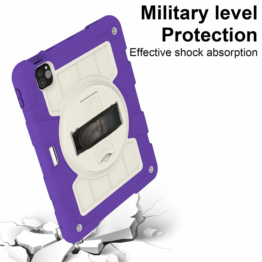 For iPad Pro 11 (2025) / 11 (2024) Kickstand Case with Shoulder Strap Rotating Hand Strap PC+TPU Tablet Cover - Purple - 5