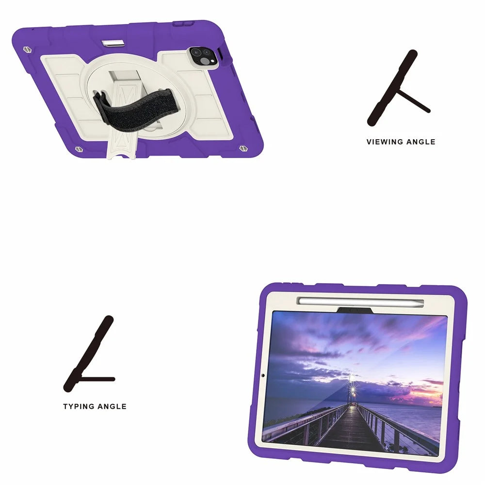 For iPad Pro 11 (2025) / 11 (2024) Kickstand Case with Shoulder Strap Rotating Hand Strap PC+TPU Tablet Cover - Purple - 6
