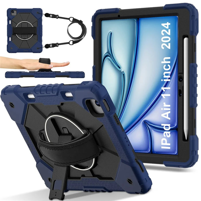 For iPad Air 11 (2026) / (2025) / (2024) Case Silicone+PC Kickstand Tablet Cover with Shoulder Strap - Navy Blue / Black - 1
