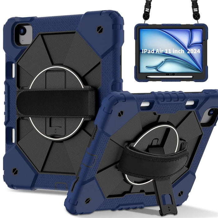 For iPad Air 11 (2026) / (2025) / (2024) Case Silicone+PC Kickstand Tablet Cover with Shoulder Strap - Navy Blue / Black - 2