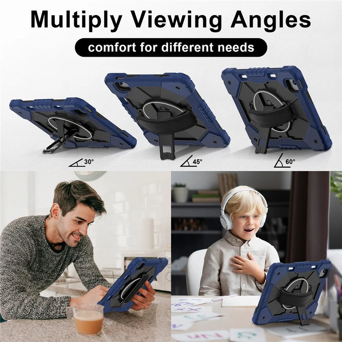 For iPad Air 11 (2026) / (2025) / (2024) Case Silicone+PC Kickstand Tablet Cover with Shoulder Strap - Navy Blue / Black - 3