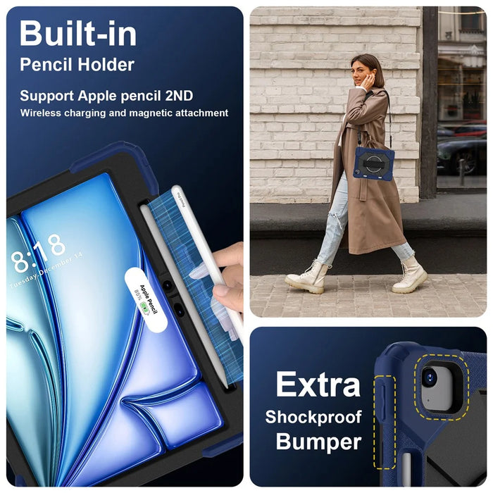 For iPad Air 11 (2026) / (2025) / (2024) Case Silicone+PC Kickstand Tablet Cover with Shoulder Strap - Navy Blue / Black - 4