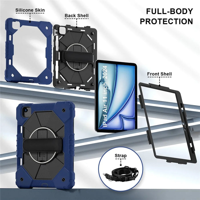 For iPad Air 11 (2026) / (2025) / (2024) Case Silicone+PC Kickstand Tablet Cover with Shoulder Strap - Navy Blue / Black - 5