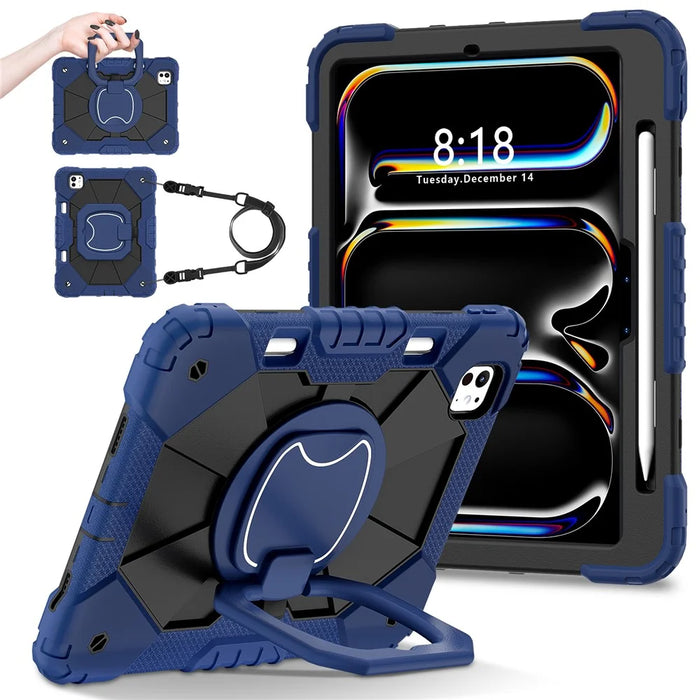 For iPad Pro 11 (2025) / 11 (2024) Kickstand Case Silicone+PC Tablet Cover with Shoulder Strap - Navy Blue / Black - 1