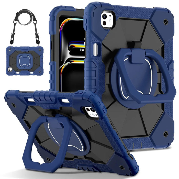 For iPad Pro 11 (2025) / 11 (2024) Kickstand Case Silicone+PC Tablet Cover with Shoulder Strap - Navy Blue / Black - 2