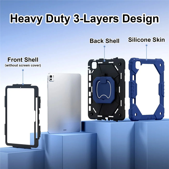 For iPad Pro 11 (2025) / 11 (2024) Kickstand Case Silicone+PC Tablet Cover with Shoulder Strap - Navy Blue / Black - 3