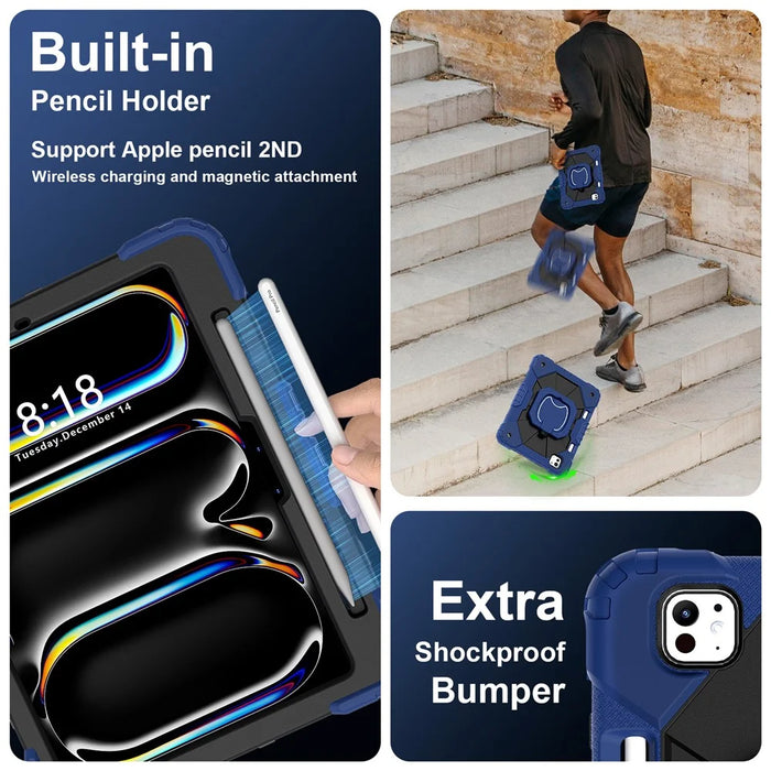 For iPad Pro 11 (2025) / 11 (2024) Kickstand Case Silicone+PC Tablet Cover with Shoulder Strap - Navy Blue / Black - 4