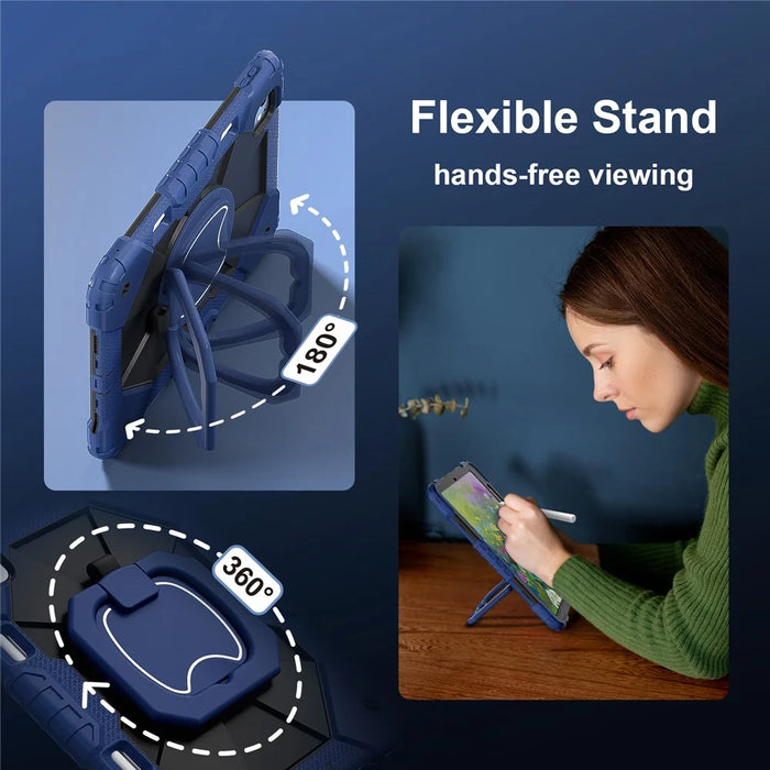 For iPad Pro 11 (2025) / 11 (2024) Kickstand Case Silicone+PC Tablet Cover with Shoulder Strap - Navy Blue / Black - 5