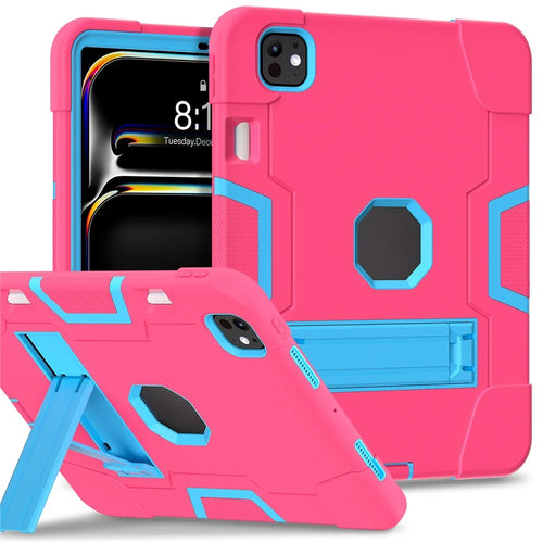 For iPad Pro 11 (2025) / 11 (2024) Case Robot Style Silicone + PC Tablet Cover with Kickstand - Rose / Blue - 1