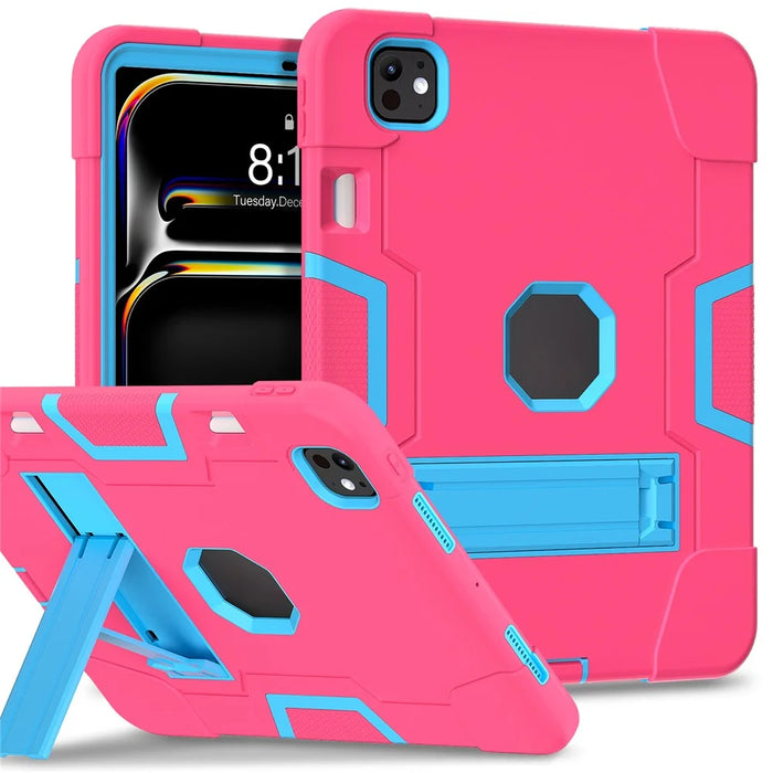 For iPad Pro 11 (2025) / 11 (2024) Case Robot Style Silicone + PC Tablet Cover with Kickstand - Rose / Blue - 1