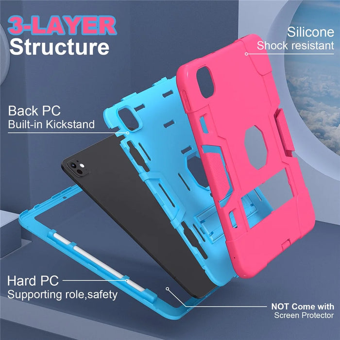 For iPad Pro 11 (2025) / 11 (2024) Case Robot Style Silicone + PC Tablet Cover with Kickstand - Rose / Blue - 5