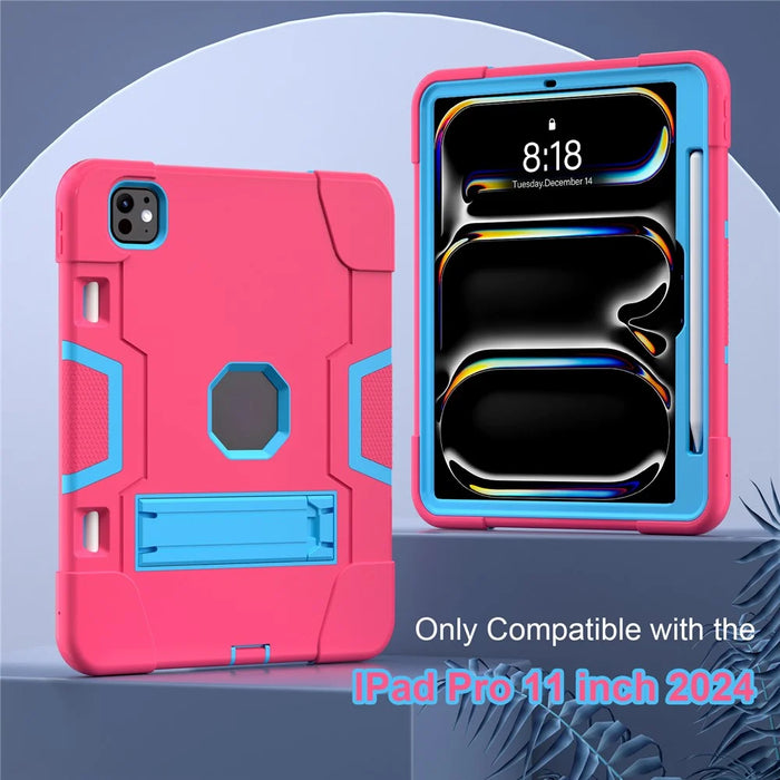 For iPad Pro 11 (2025) / 11 (2024) Case Robot Style Silicone + PC Tablet Cover with Kickstand - Rose / Blue - 7
