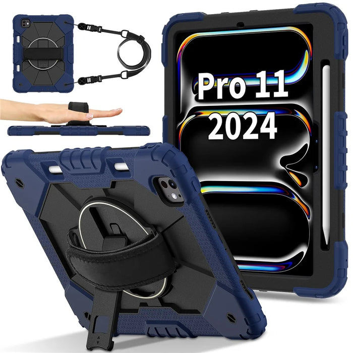 For iPad Pro 11 (2025) / 11 (2024) Case Kickstand Silicone+PC Tablet Cover with Shoulder Strap - Navy Blue+Black - 1