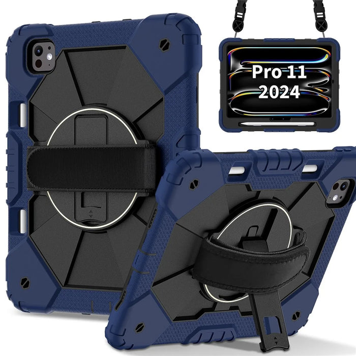 For iPad Pro 11 (2025) / 11 (2024) Case Kickstand Silicone+PC Tablet Cover with Shoulder Strap - Navy Blue+Black - 2
