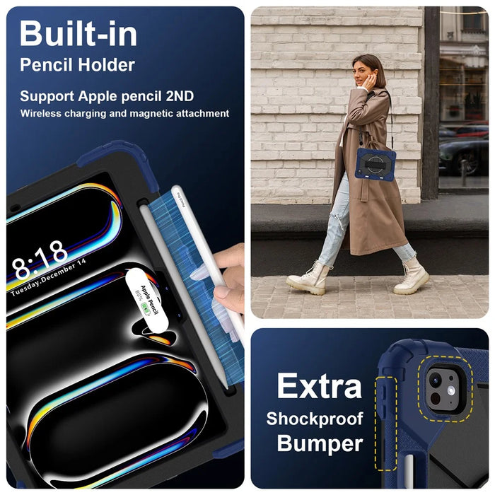 For iPad Pro 11 (2025) / 11 (2024) Case Kickstand Silicone+PC Tablet Cover with Shoulder Strap - Navy Blue+Black - 4