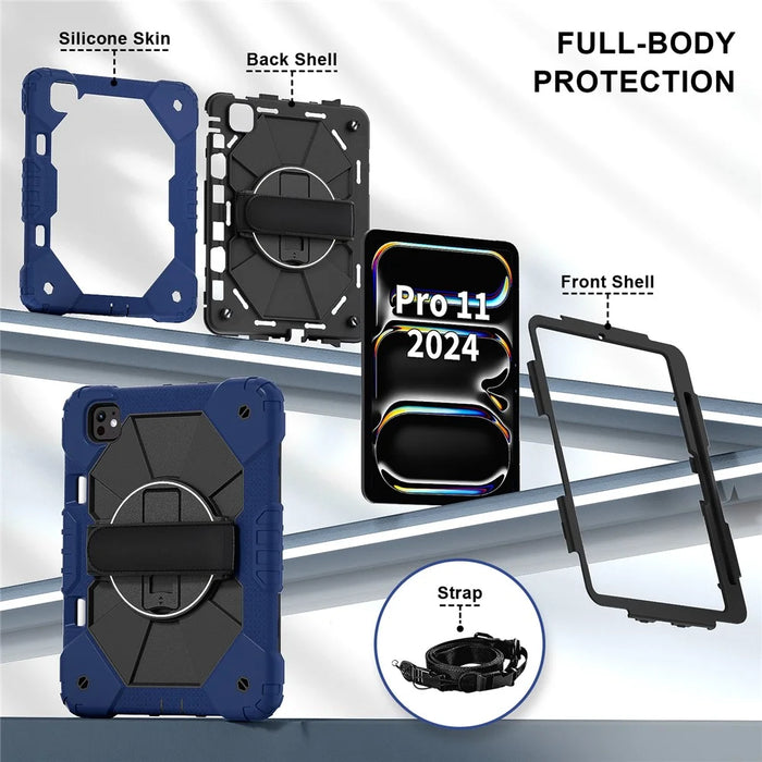 For iPad Pro 11 (2025) / 11 (2024) Case Kickstand Silicone+PC Tablet Cover with Shoulder Strap - Navy Blue+Black - 5