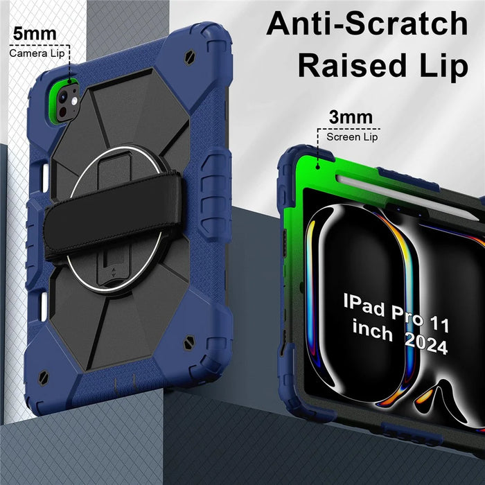 For iPad Pro 11 (2025) / 11 (2024) Case Kickstand Silicone+PC Tablet Cover with Shoulder Strap - Navy Blue+Black - 6