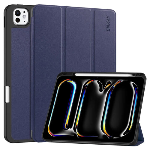 ENKAY HAT PRINCE For iPad Pro 13 (2025) / 13 (2024) Tri-Fold Stand Tablet Case PU Leather+TPU Smart Cover with Pencil Holder - Dark Blue - 1