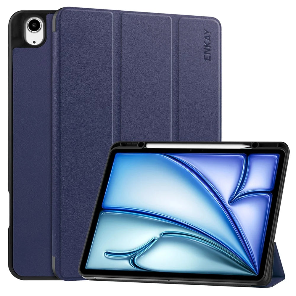 ENKAY HAT PRINCE For iPad Air 13 (2026) / (2025) / (2024) Tri-Fold Stand Tablet Case PU Leather+TPU Smart Cover with Pencil Holder - Dark Blue - 1