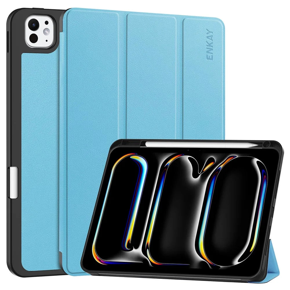 ENKAY HAT PRINCE For iPad Pro 11 (2025) / 11 (2024) Tri-Fold Stand Tablet Case PU Leather+TPU Smart Cover with Pencil Holder - Baby Blue - 1