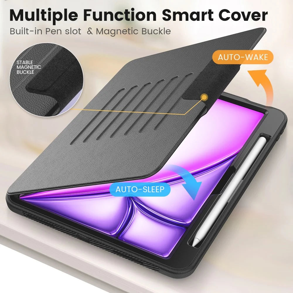 For iPad Air 11 (2026) / (2025) / (2024) Auto Wake / Sleep PU Leather Tablet Case Card Holder Stand Cover with Pencil Slot - Black - 2