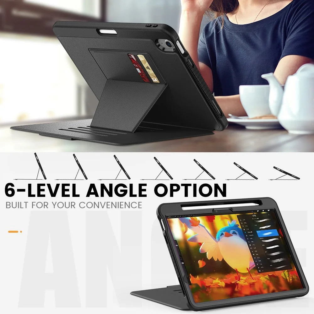 For iPad Air 11 (2026) / (2025) / (2024) Auto Wake / Sleep PU Leather Tablet Case Card Holder Stand Cover with Pencil Slot - Black - 3