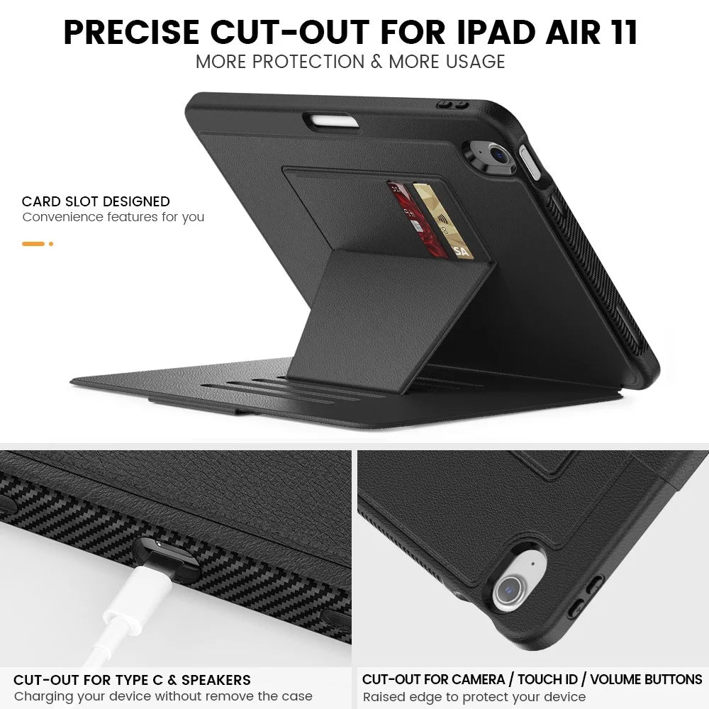 For iPad Air 11 (2026) / (2025) / (2024) Auto Wake / Sleep PU Leather Tablet Case Card Holder Stand Cover with Pencil Slot - Black - 5