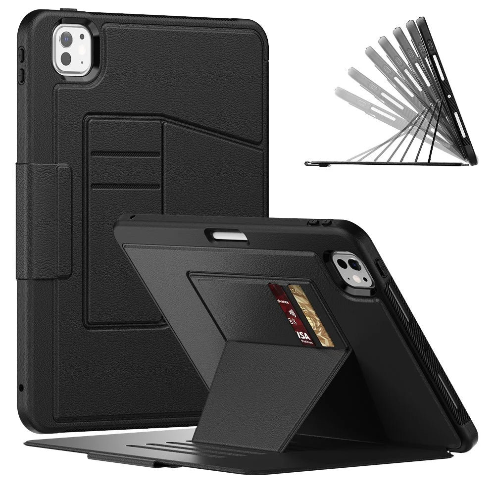 For iPad Pro 11 (2025) / 11 (2024) Style B Auto Wake / Sleep PU Leather Tablet Case Card Holder Stand Cover with Pencil Slot - Black - 1