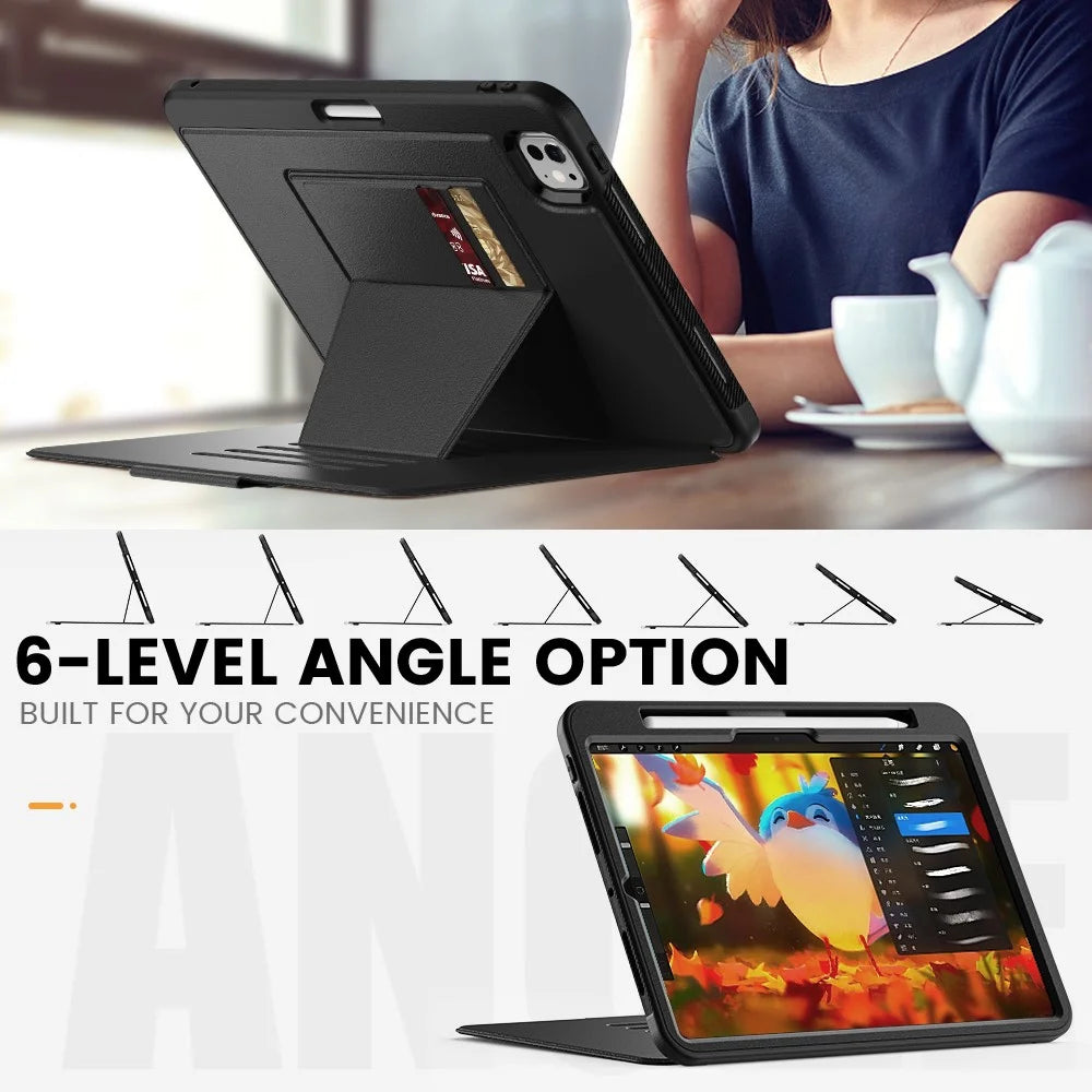 For iPad Pro 11 (2025) / 11 (2024) Style B Auto Wake / Sleep PU Leather Tablet Case Card Holder Stand Cover with Pencil Slot - Black - 3