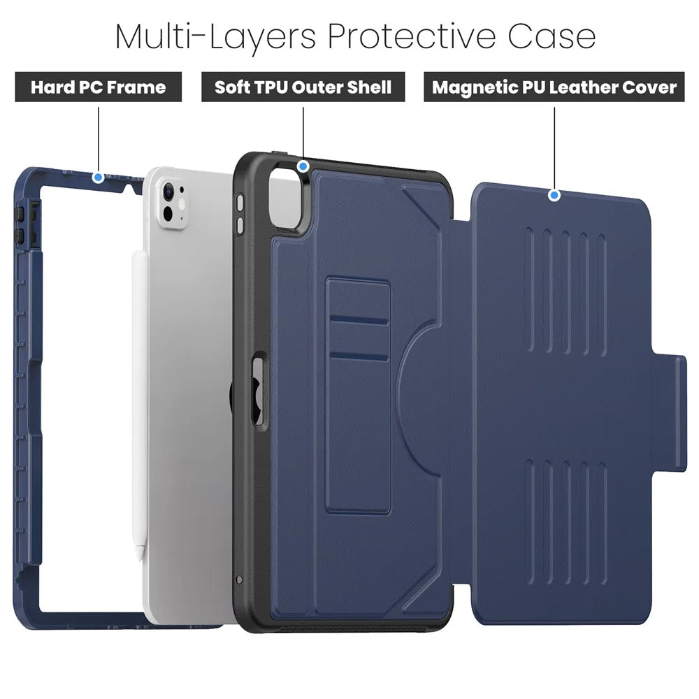 For iPad Pro 11 (2025) / 11 (2024) PU Leather Tablet Case Card Holder Auto Wake / Sleep Stand Cover with Pencil Slot - Navy Blue - 6