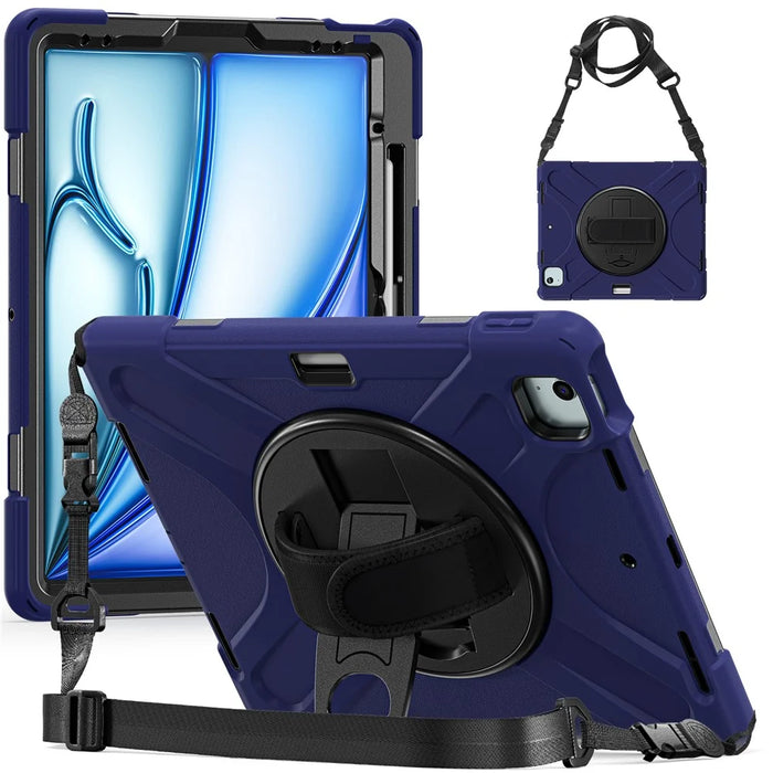 For iPad Air 11 (2026) / (2025) / (2024) Case with Shoulder Strap TPU+PC+Silicone Kickstand Tablet Cover - Navy Blue - 1