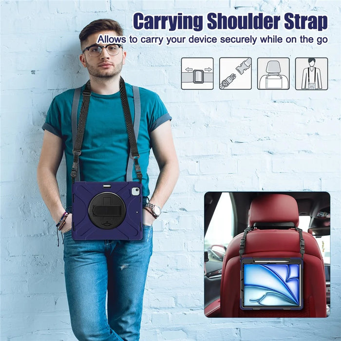 For iPad Air 11 (2026) / (2025) / (2024) Case with Shoulder Strap TPU+PC+Silicone Kickstand Tablet Cover - Navy Blue - 5