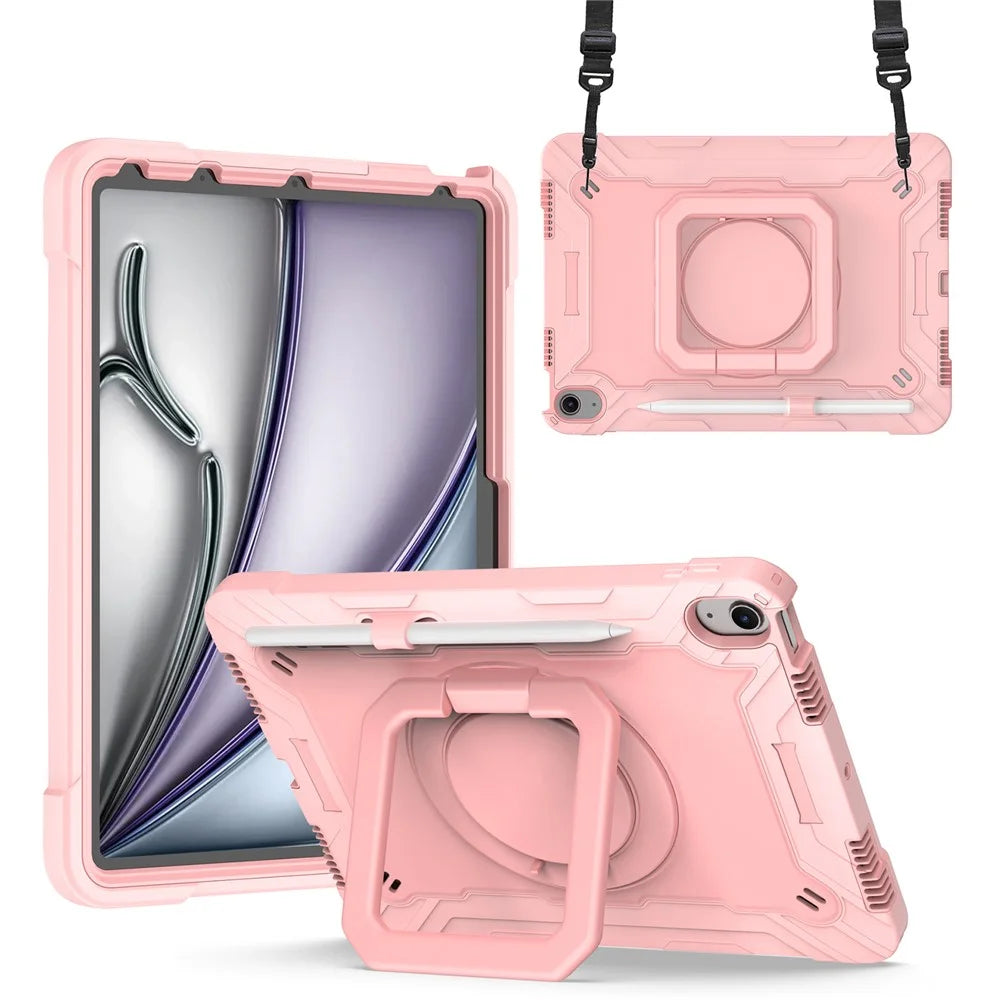 For iPad Air 11 (2026) / (2025) / (2024) Case with Shoulder Strap PC+Silicone Hand Grip Kickstand Tablet Cover - Rose Gold - 1