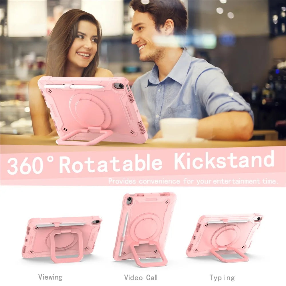 For iPad Air 11 (2026) / (2025) / (2024) Case with Shoulder Strap PC+Silicone Hand Grip Kickstand Tablet Cover - Rose Gold - 2