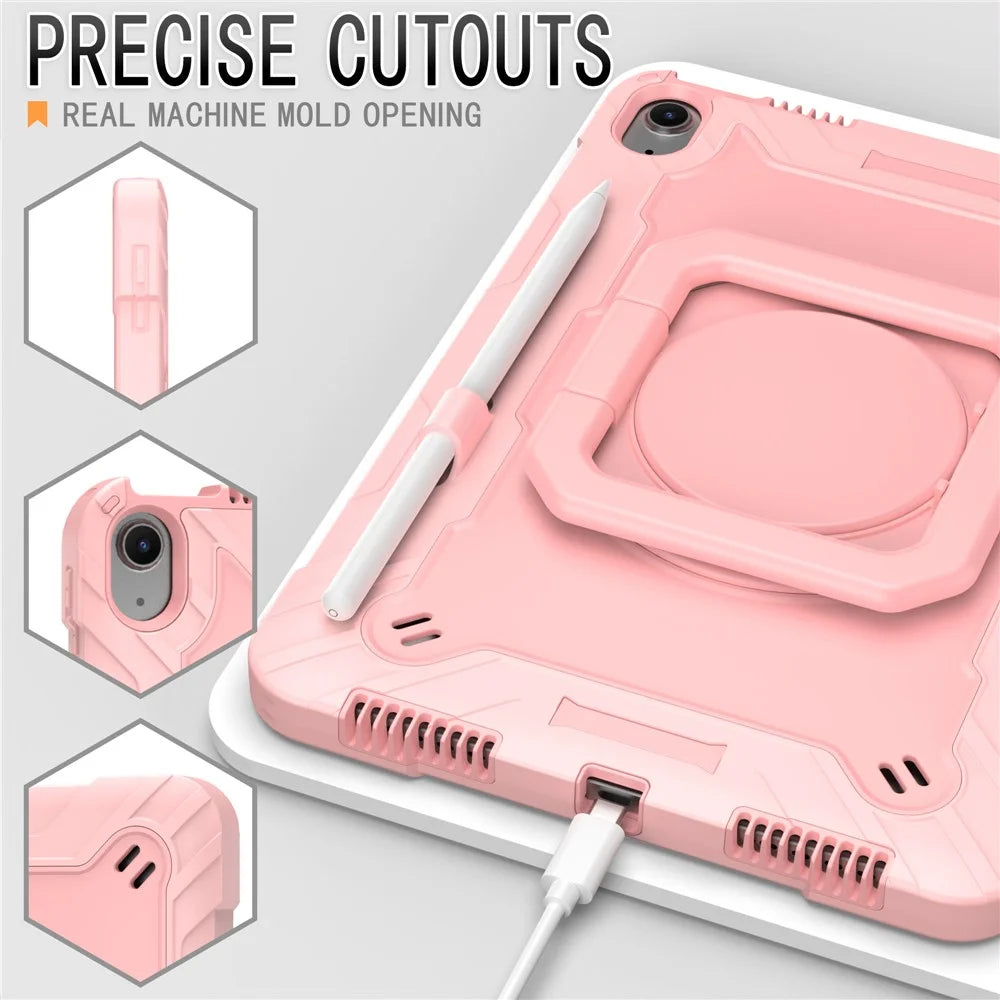 For iPad Air 11 (2026) / (2025) / (2024) Case with Shoulder Strap PC+Silicone Hand Grip Kickstand Tablet Cover - Rose Gold - 5